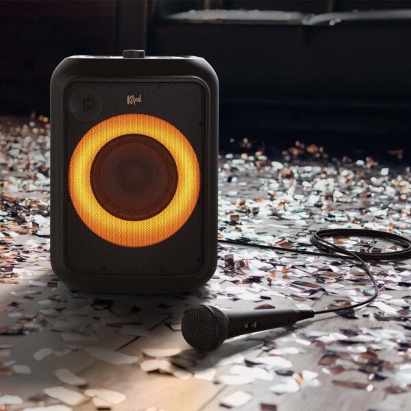 Klipsch GIG XL Party Speaker with an external microphone in a party floor